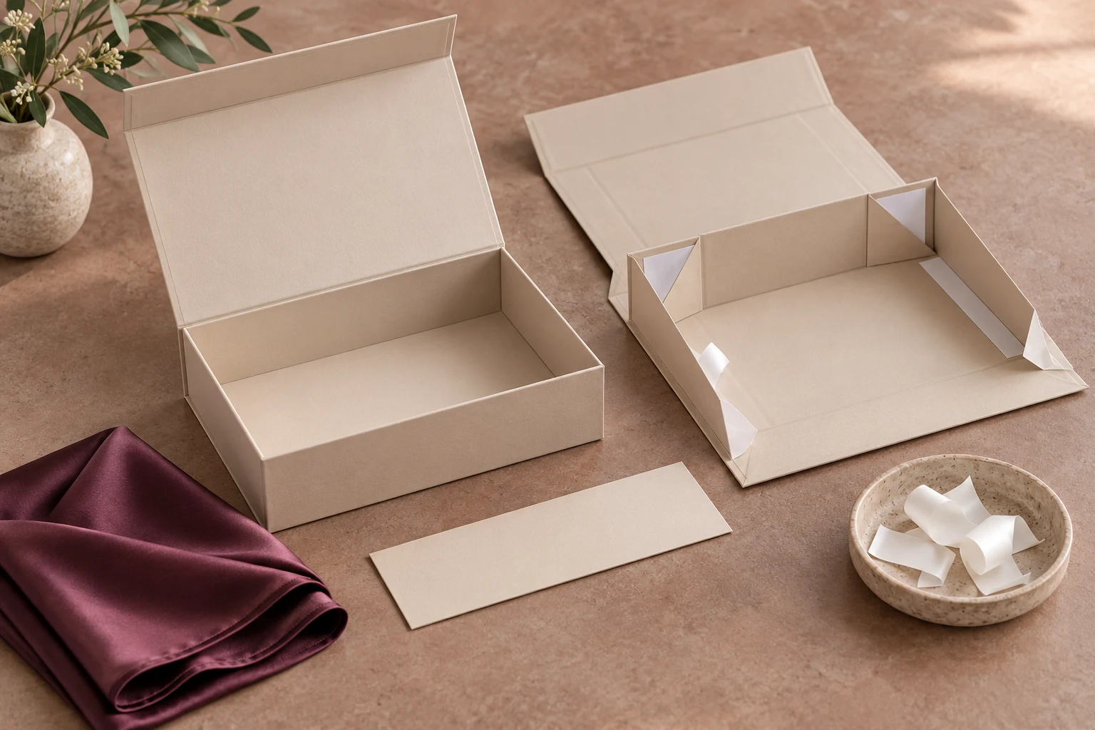 Erected and partially folded sand-colored rigid gift boxes with a scarf and assembly materials