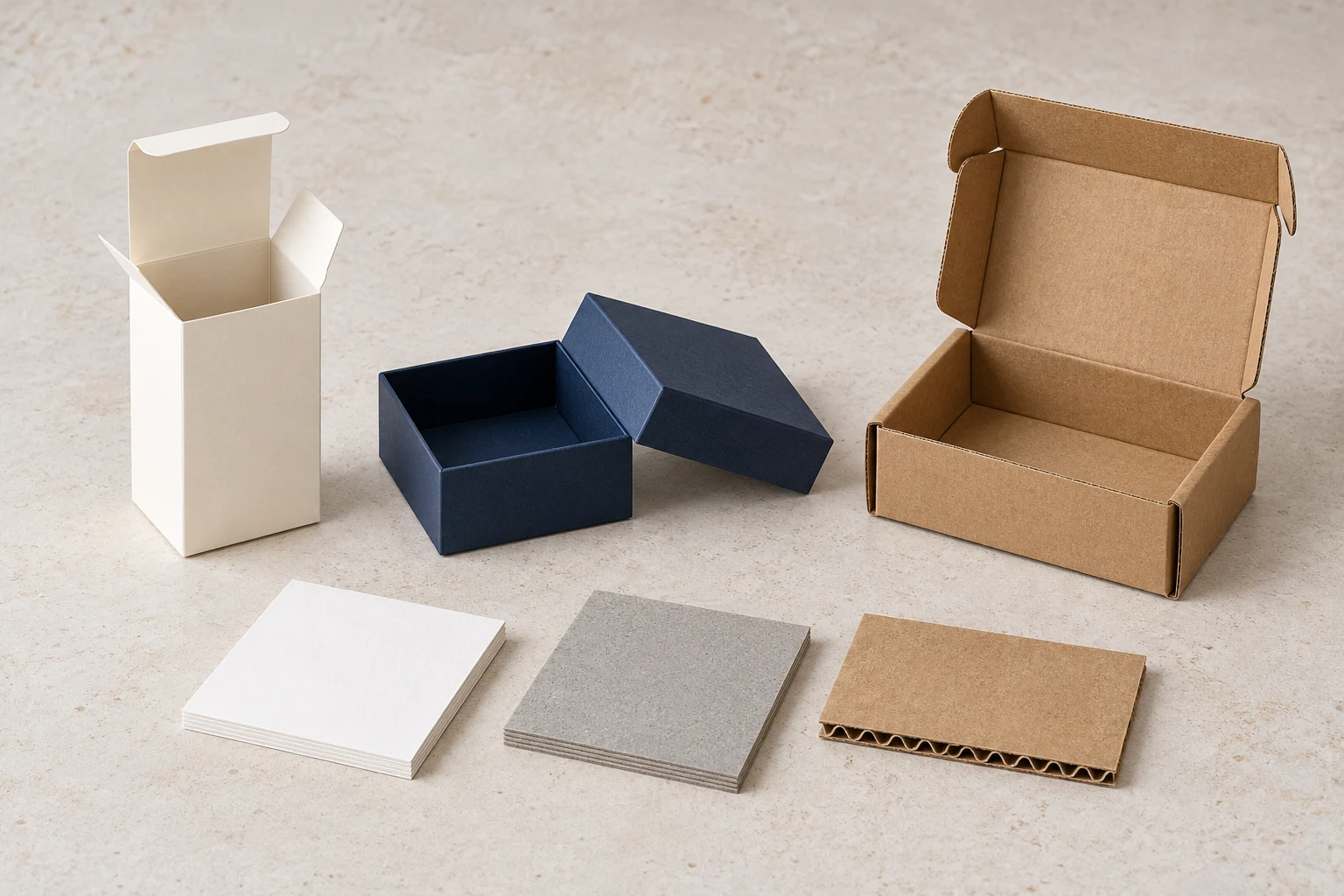Folding carton, blue rigid gift box and kraft mailer beside their different paperboard material samples