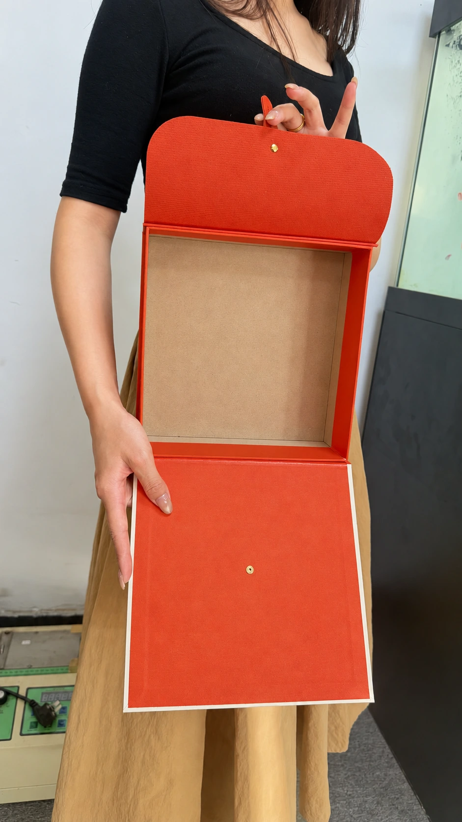 Open handle gift box showing the interior and fold-over flap
