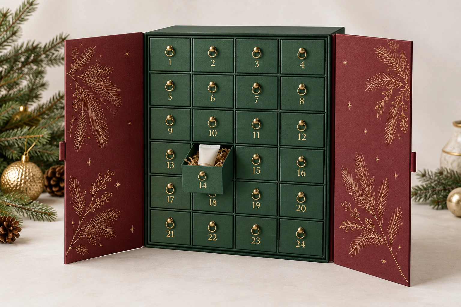 Christmas calendar gift box concept with green drawer grid and opened burgundy doors