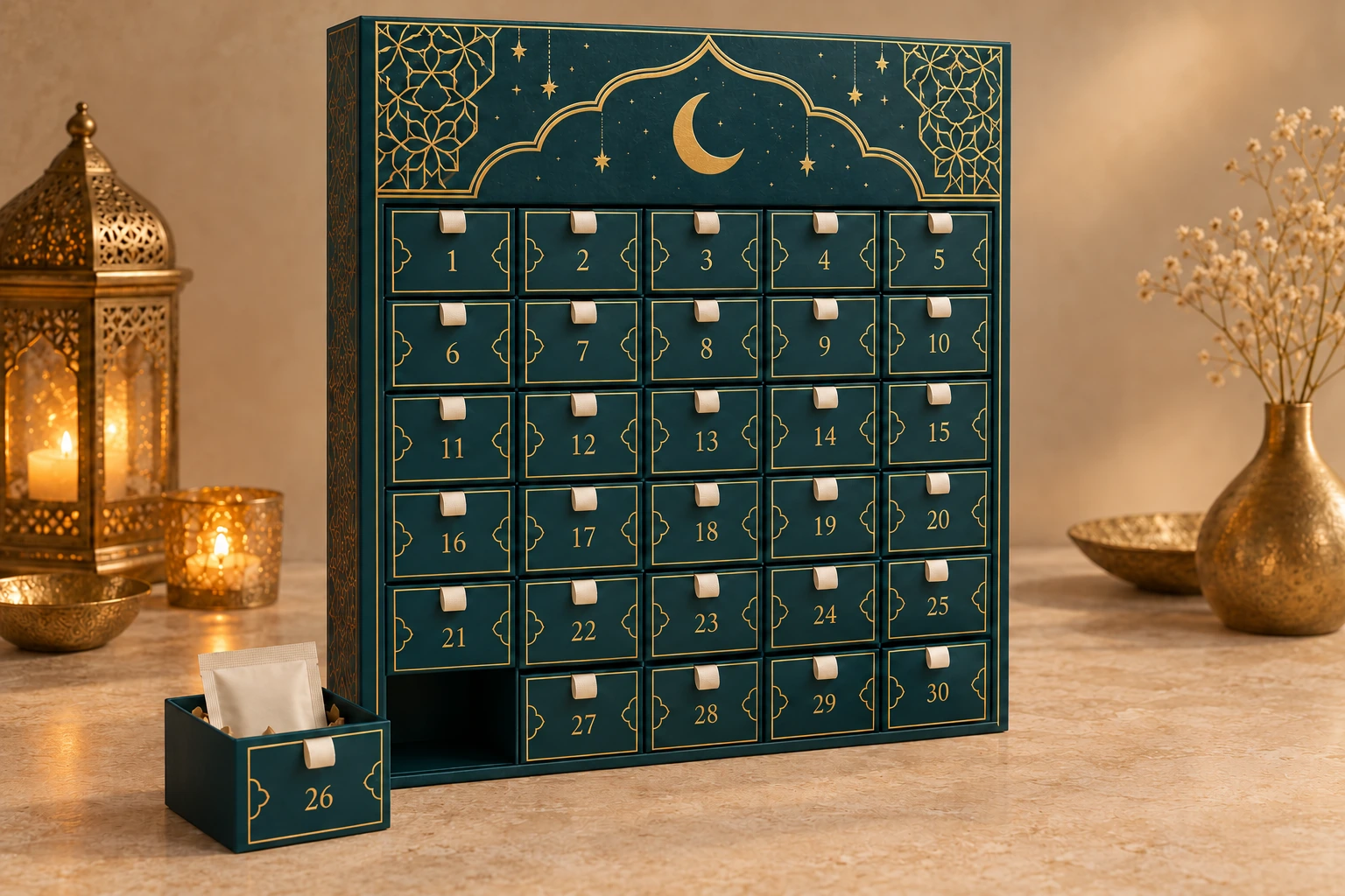 Teal and gold Ramadan calendar packaging concept with numbered drawers and two sample drawers on a tabletop