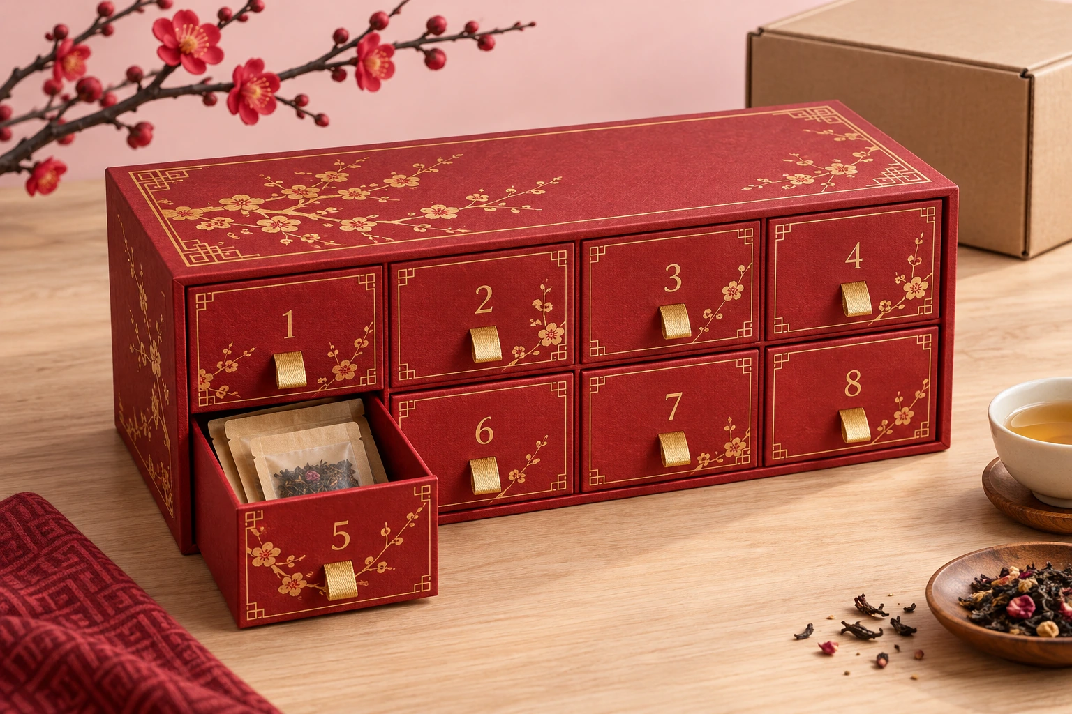 Red and gold Lunar New Year gift reveal box concept with eight drawers and sealed tea sample packs