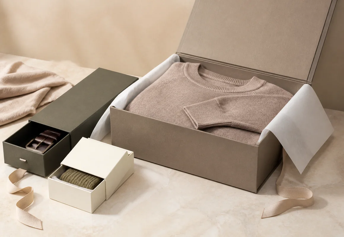 Custom garment box, belt drawer box and accessory carton for fashion products