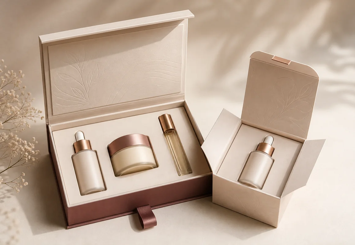Custom cosmetics packaging with serum bottles, skincare jar and fragrance bottle in fitted presentation boxes