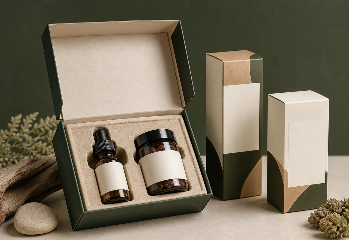 CBD packaging box with fitted dropper bottle and gummy jar plus folding cartons