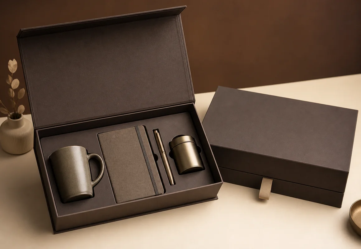 Corporate gift presentation box with fitted compartments for mug, notebook, pen and tea tin
