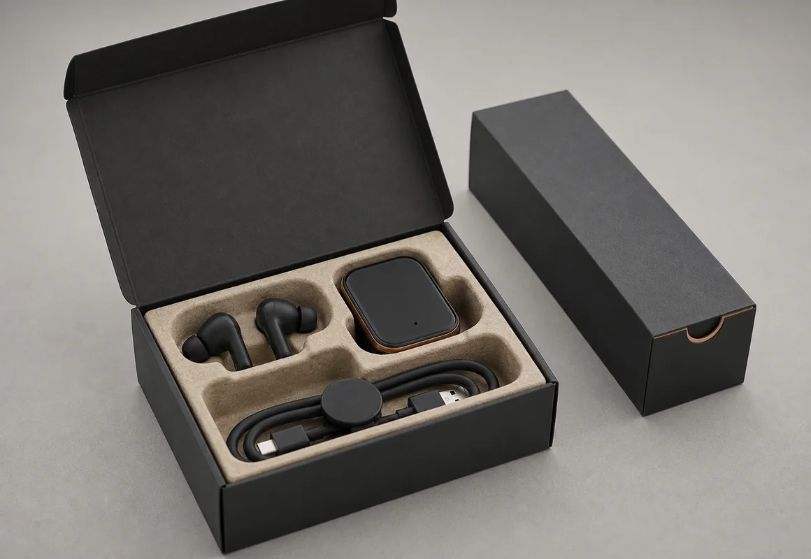 Electronics box with molded fiber insert organizing earbuds, charging case and cable