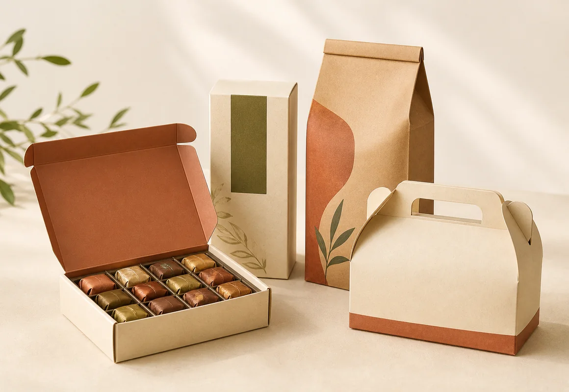 Coordinated confectionery, tea, coffee and takeaway food packaging made from paperboard