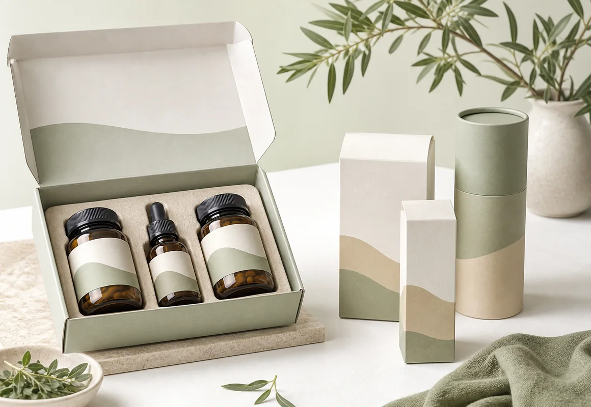 Health and wellness packaging set for supplement jars, dropper bottle, cartons and paper tube