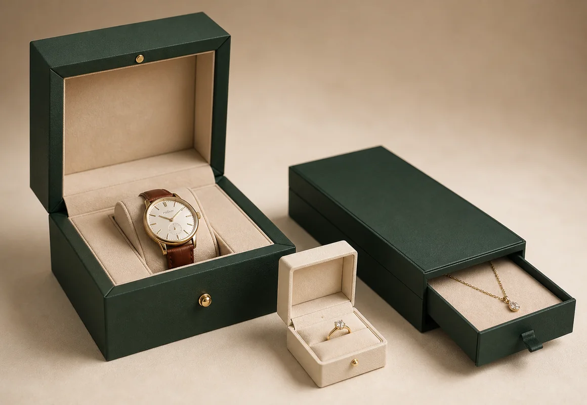 Green custom watch box, ring box and necklace drawer box with fitted soft inserts