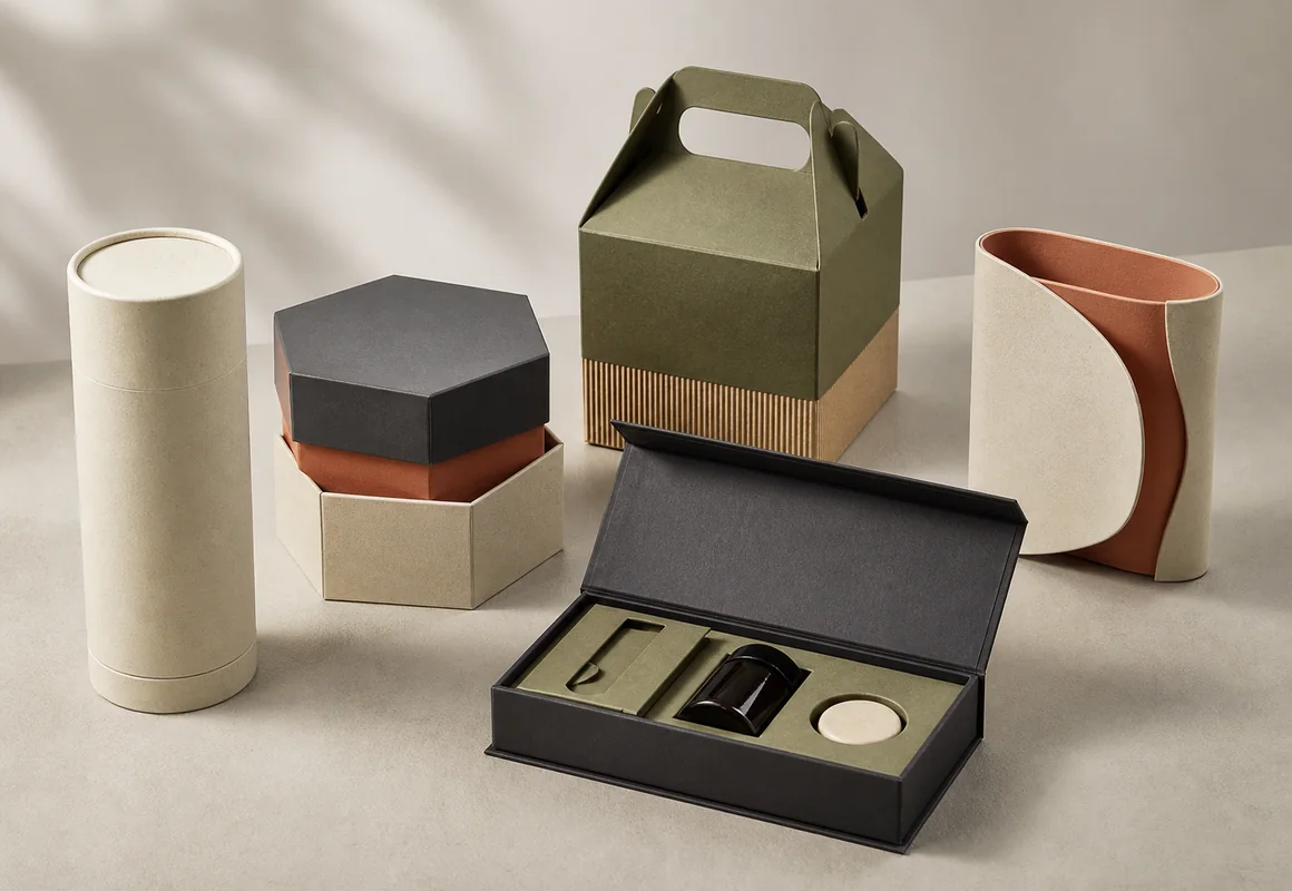 Custom paper packaging structures including tube, hexagonal box, carrier and multi-component presentation box