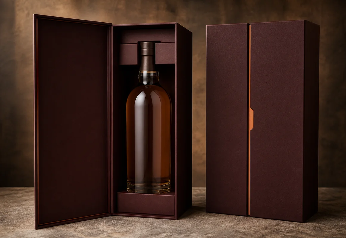 Burgundy rigid spirits bottle box with reinforced neck and base supports
