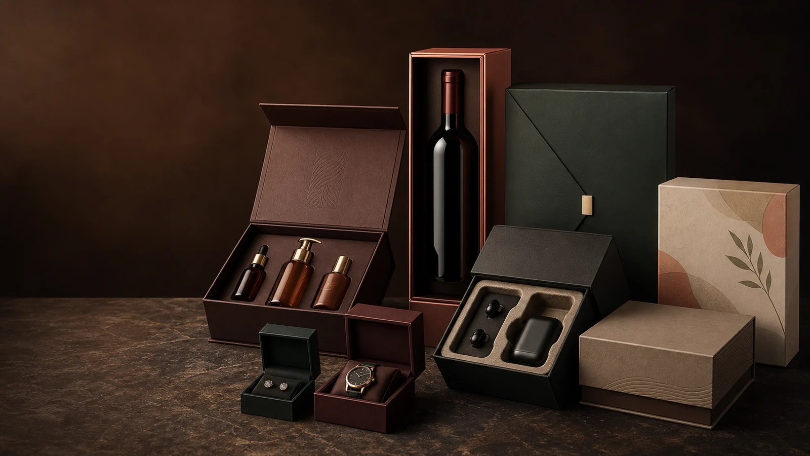 Custom packaging collection for cosmetics, jewelry, wine, electronics and corporate gifts