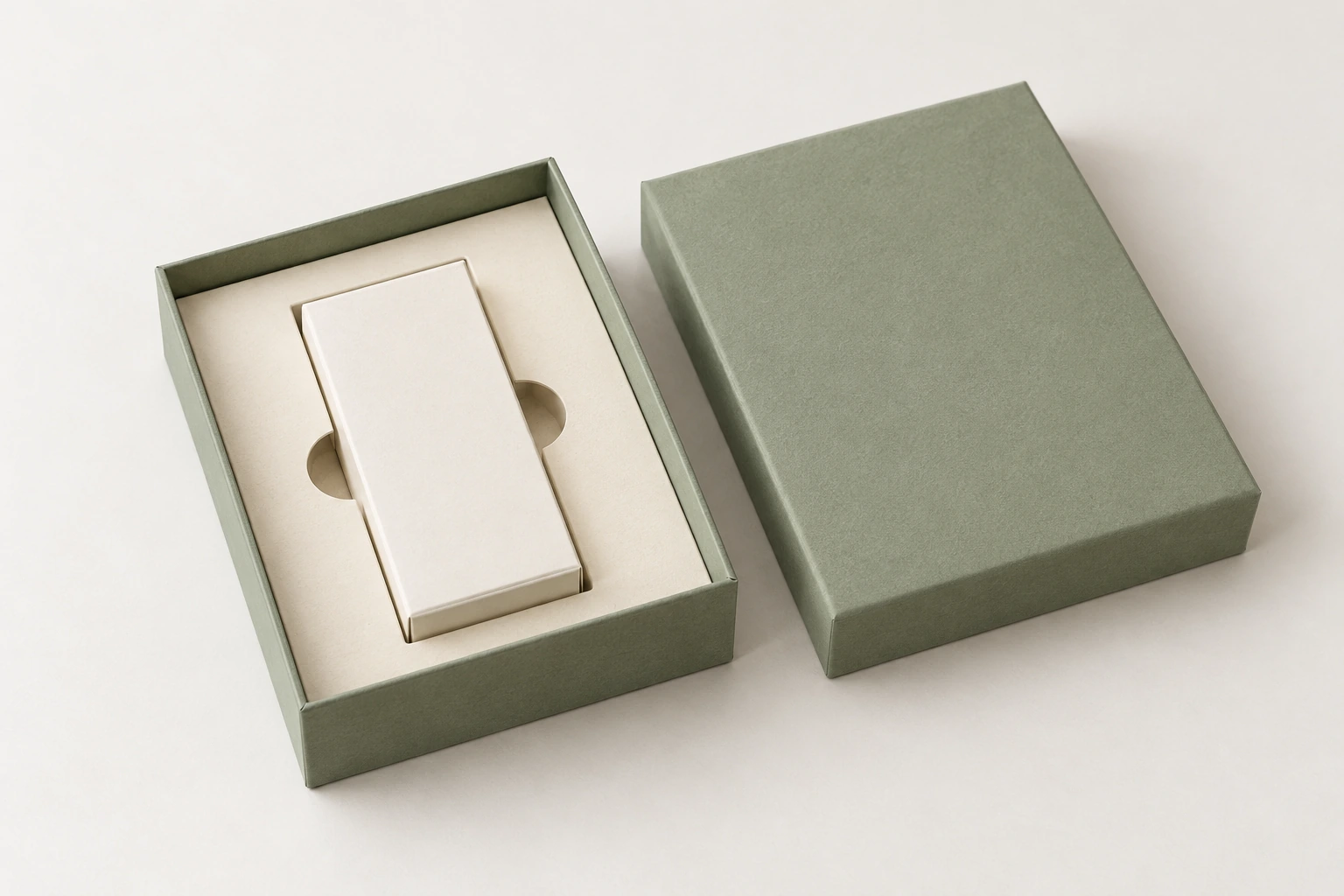 Sage rigid gift-box concept with opposing finger notches around a rectangular product carton