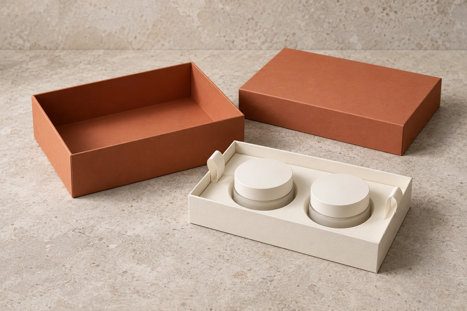 Terracotta gift-box concept with a separate removable tray, integral paper tabs and two contained jars