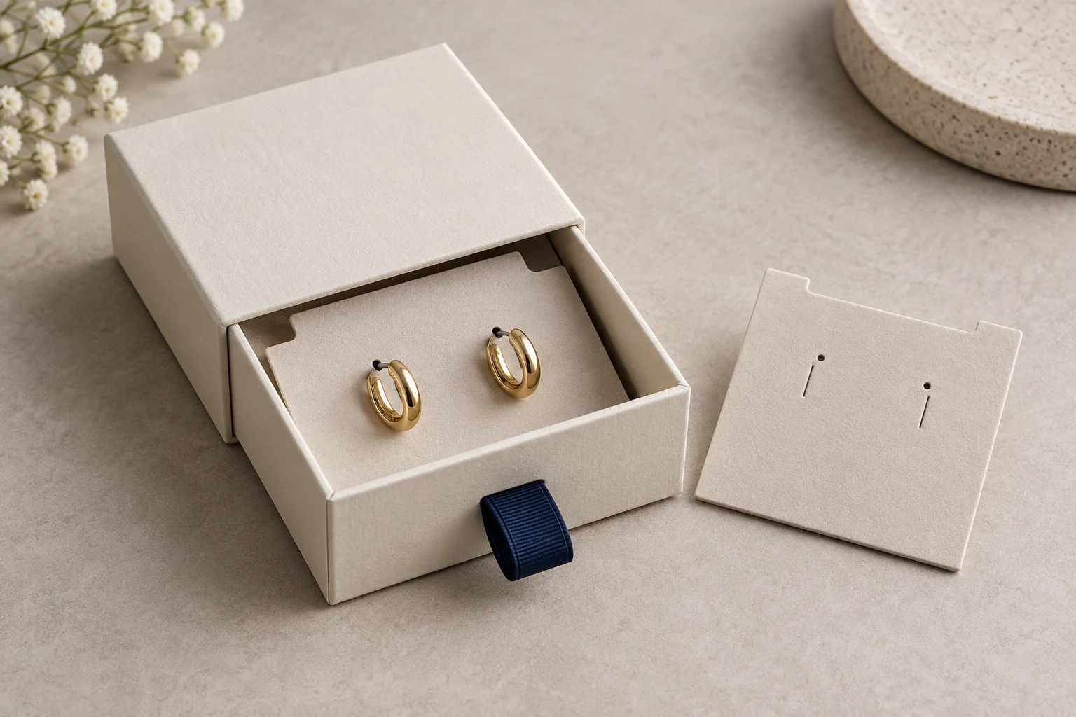 Ivory jewelry drawer box with hoop earrings on a removable card insert