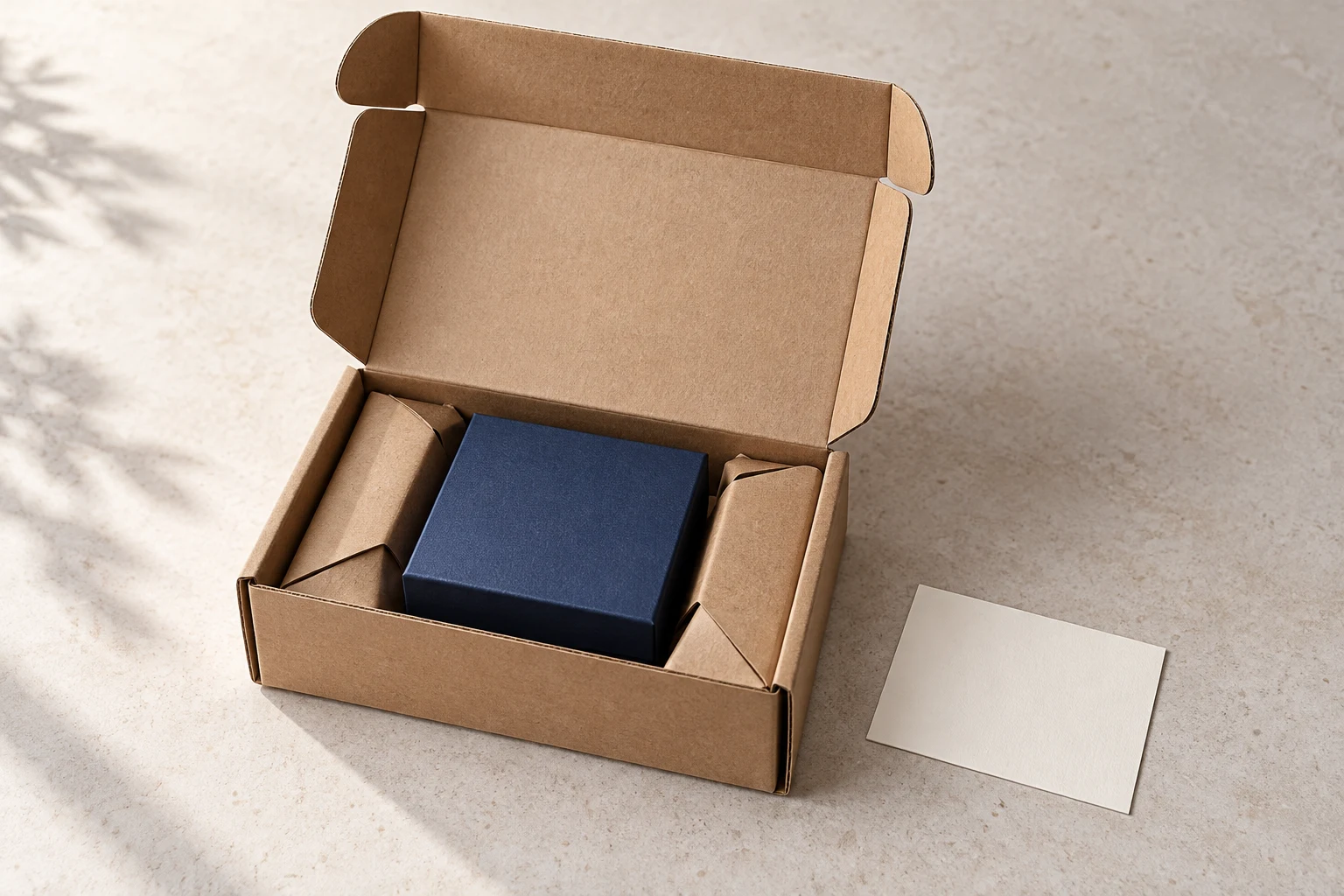 Navy jewelry gift box retained inside a kraft mailer with folded paper cushioning