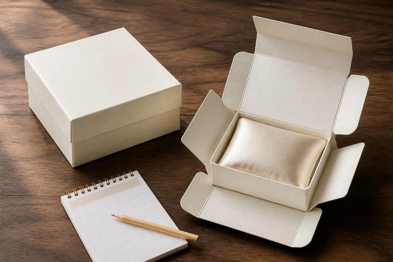 Custom gift box sample and approval review set on a paper development desk