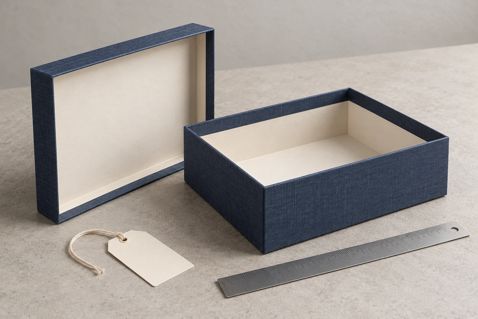 Navy two-piece rigid gift box with a separate cream-lined lid on a sample-review worktable