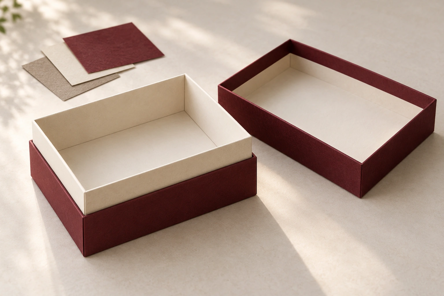 Burgundy shoulder-and-neck rigid box with a visible ivory collar and a separate removable lid