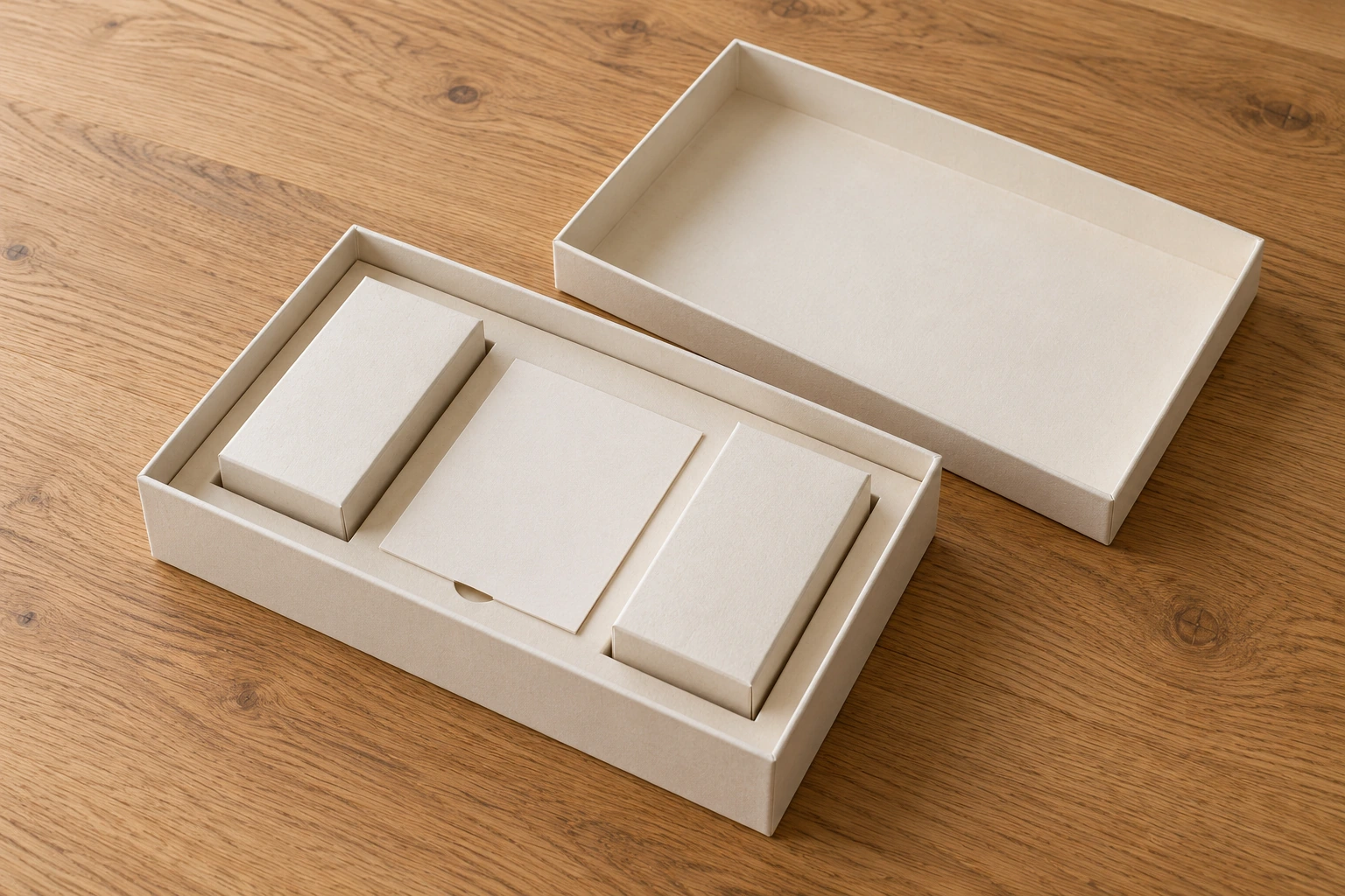 Cream lid-and-base gift box beside its complete loaded assortment and separate lid, ready for a closure review