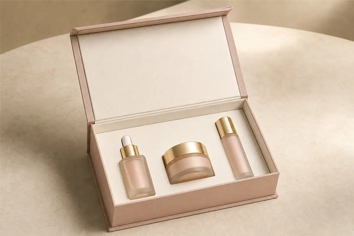 Blush magnetic rigid box with skincare products and custom insert