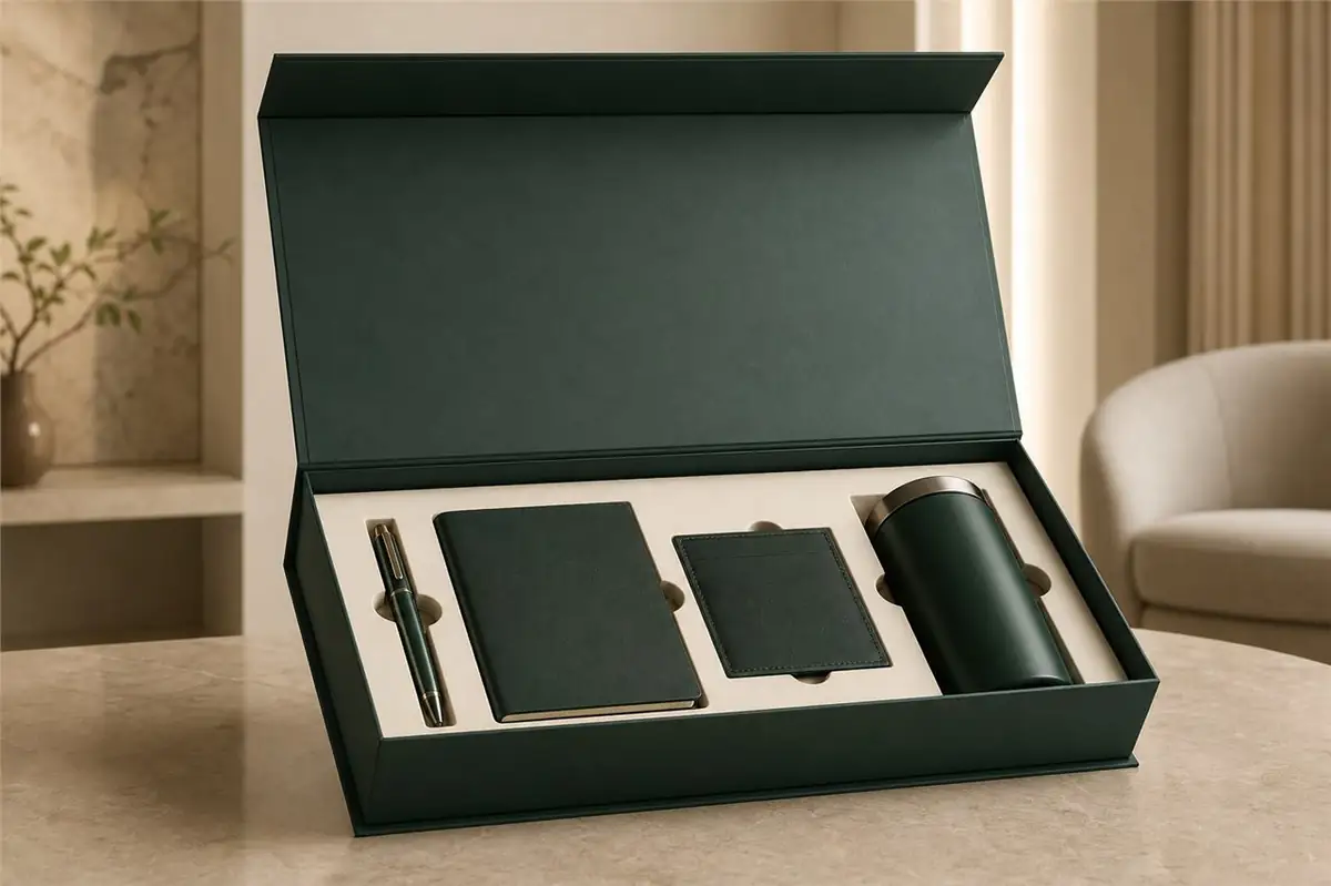 Forest green magnetic rigid box with corporate gift set