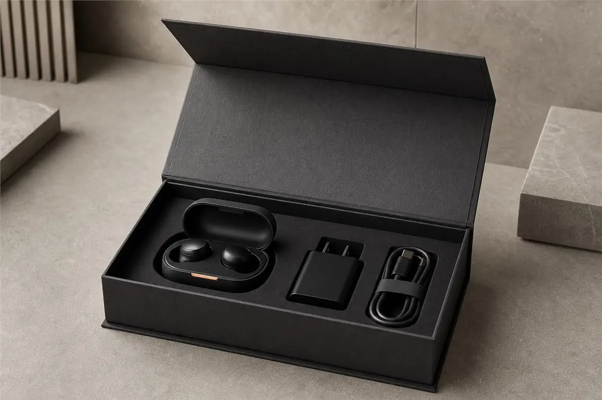 Charcoal magnetic rigid box with wireless earbuds and accessories