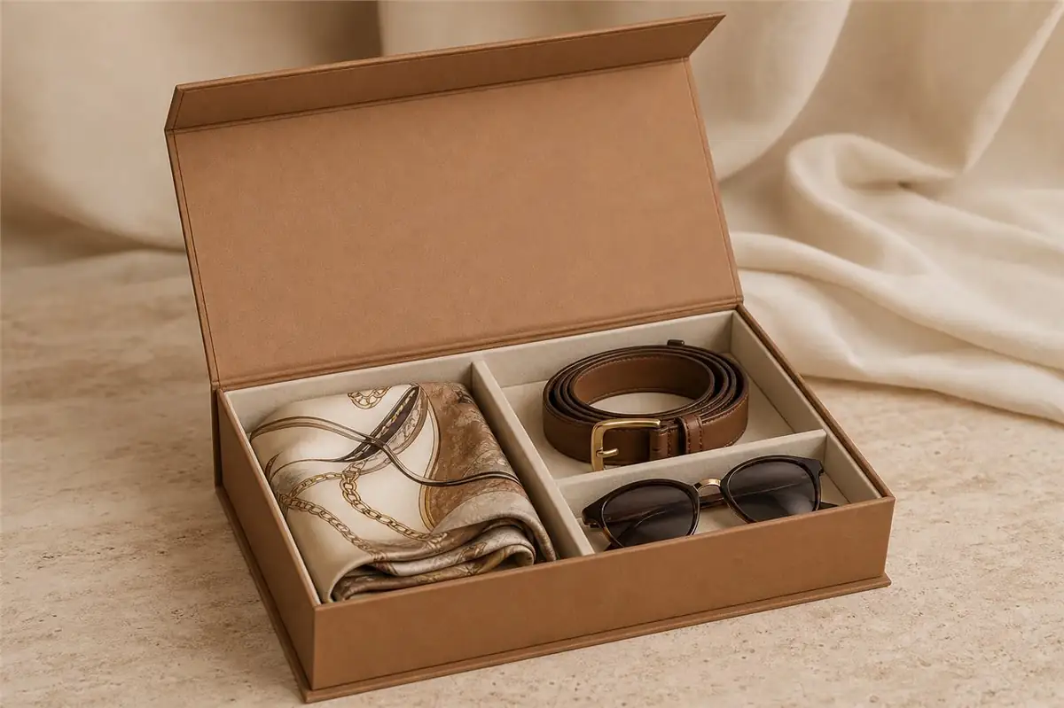 Camel magnetic rigid box with silk scarf, belt and sunglasses