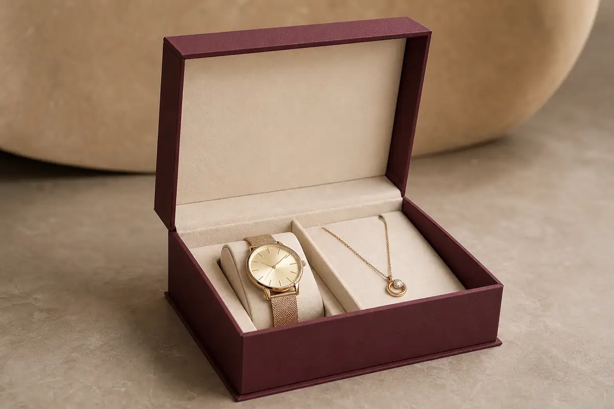 Burgundy magnetic rigid box with watch and necklace in velvet insert