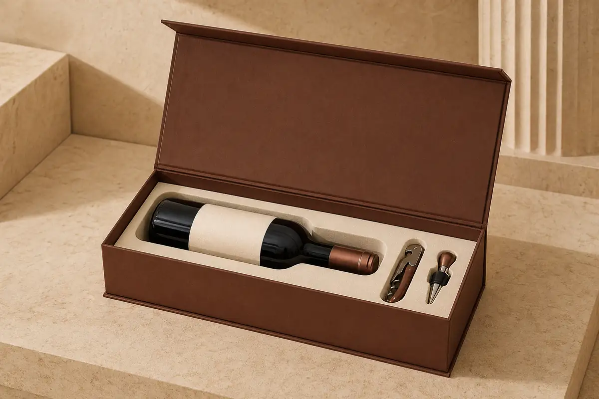 Cognac magnetic rigid box with wine bottle and tasting accessories