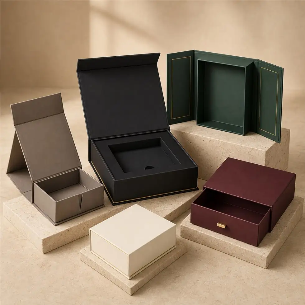 Collection of book style, collapsible, drawer and gatefold magnetic rigid boxes