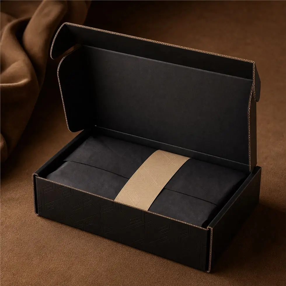Black apparel mailer box with tissue wrap