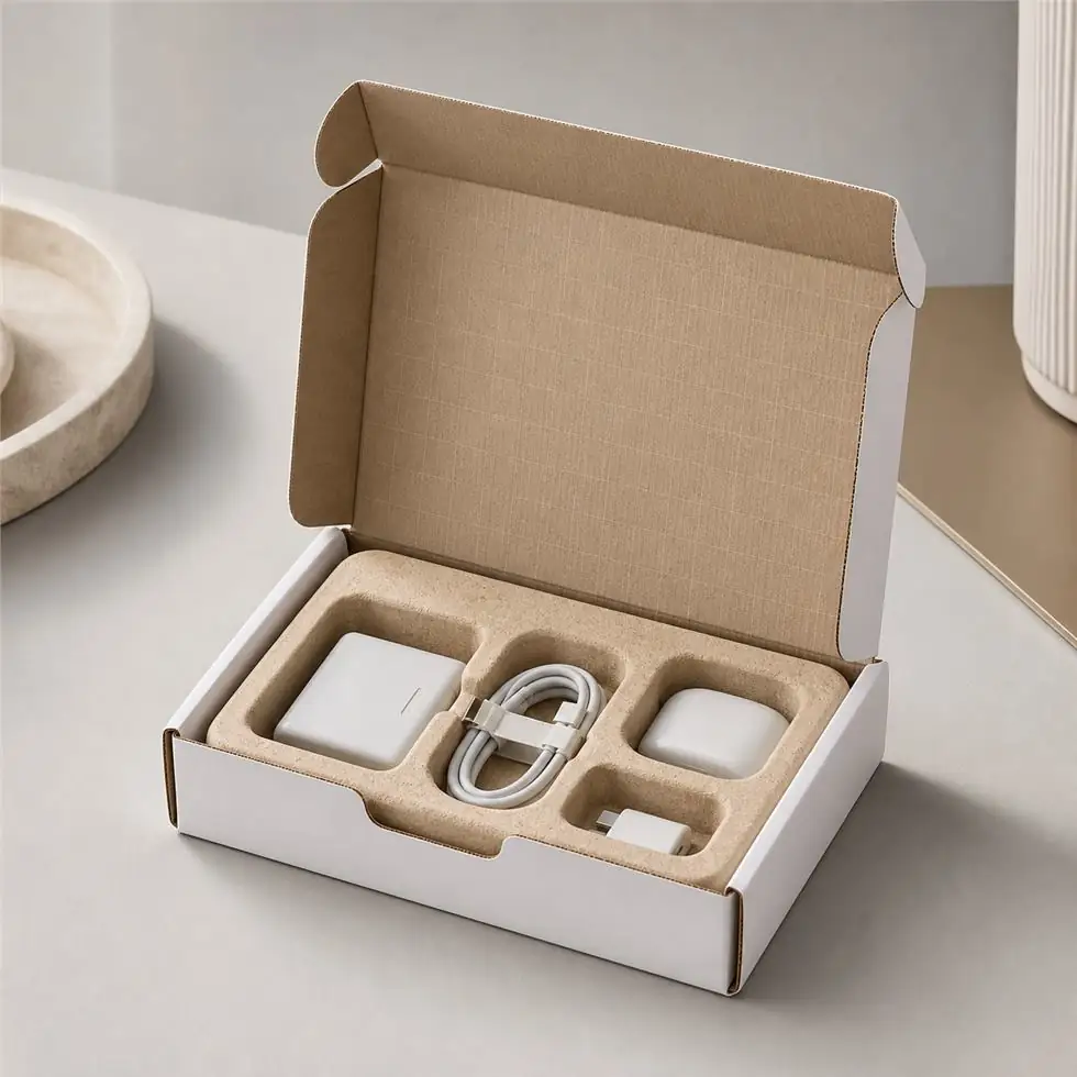 White electronics mailer box with molded pulp insert