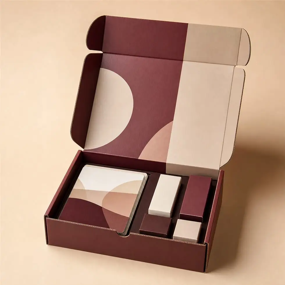Burgundy launch kit mailer box with custom insert