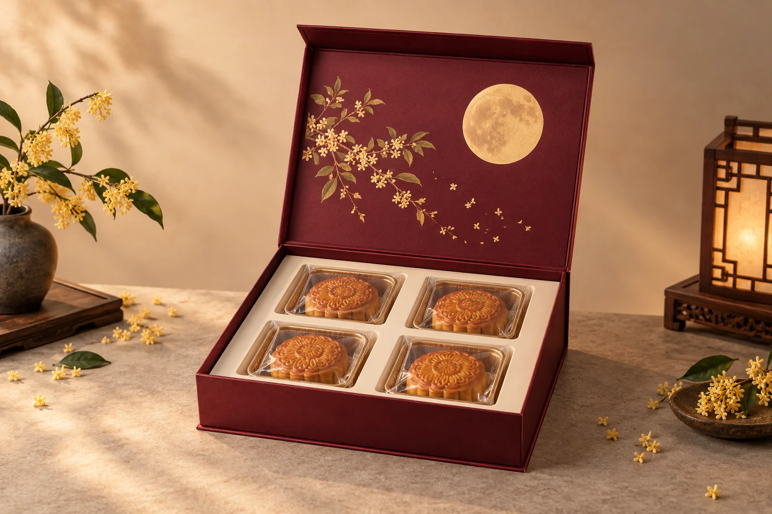 Burgundy Mid-Autumn magnetic gift box with gold moon artwork and four individually wrapped mooncakes