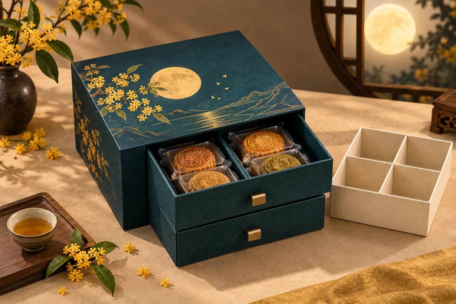 Teal Mid-Autumn drawer gift box with gold moon decoration and a removable cream divider