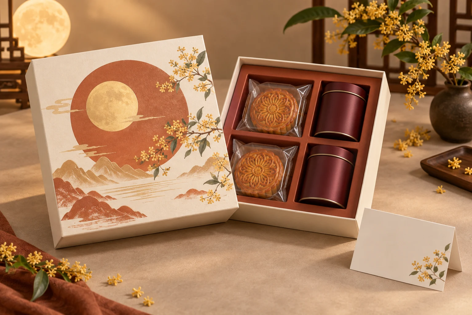 Ivory Mid-Autumn lid-and-base gift box combining two wrapped mooncakes and two burgundy tea tins