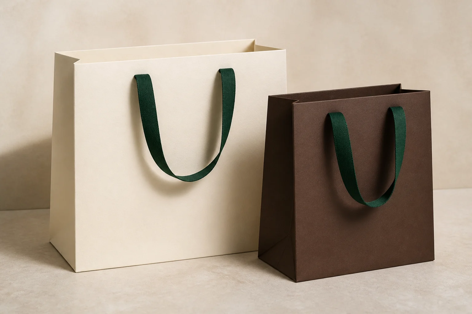 Cream and brown paper shopping bags with green ribbon handles and visible side gussets