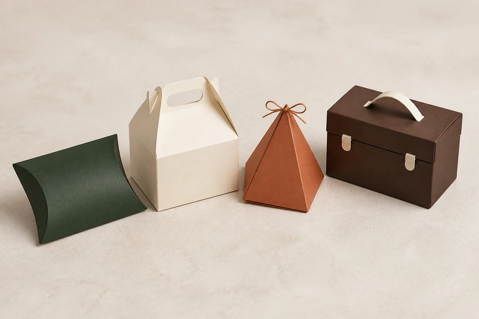 Left to right: green pillow box, cream gable handle box, terracotta pyramid box and brown suitcase-style gift box
