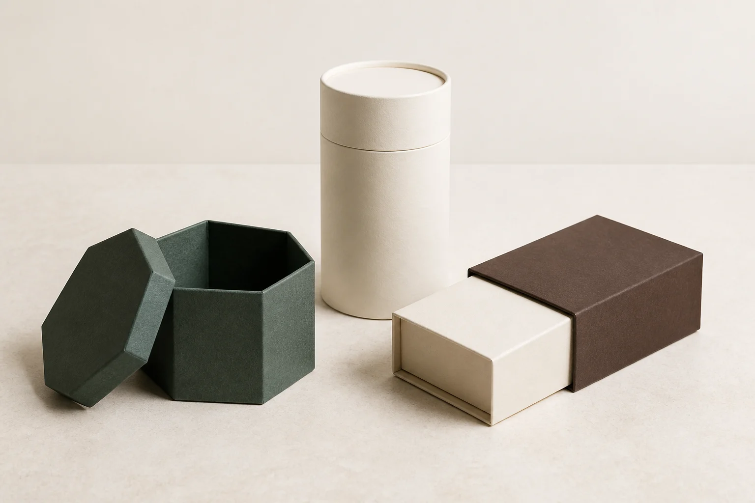 Open green polygonal box, cream paper tube and brown sleeve around a cream pack