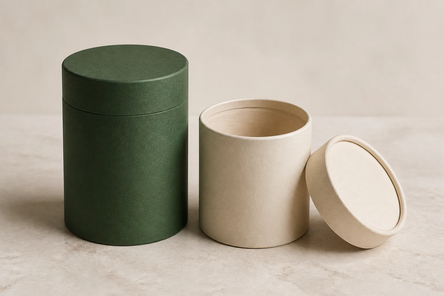 Closed green paper tube beside an open cream paper tube and its separate round lid