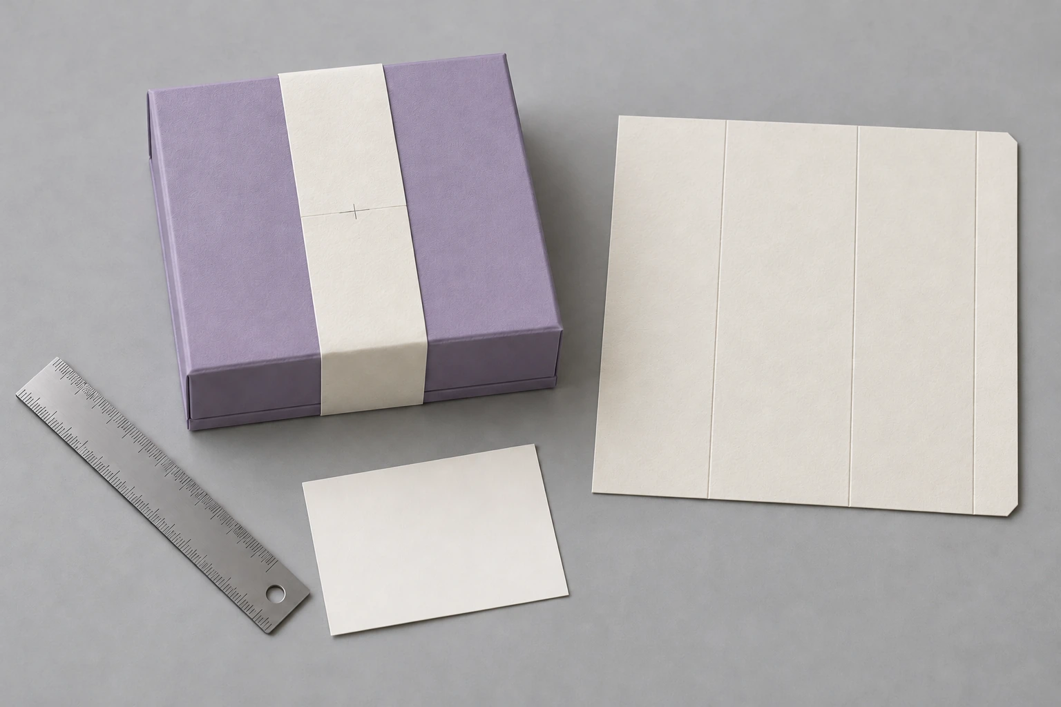 Closed lavender magnetic gift box with a measuring paper strip beside a flat sleeve blank and ruler
