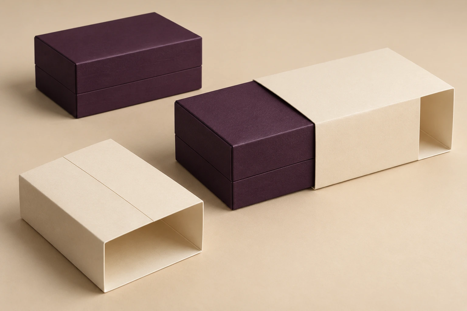 Cream paper sleeve partly removed from a plum rigid gift box with a separate sleeve showing its joined seam