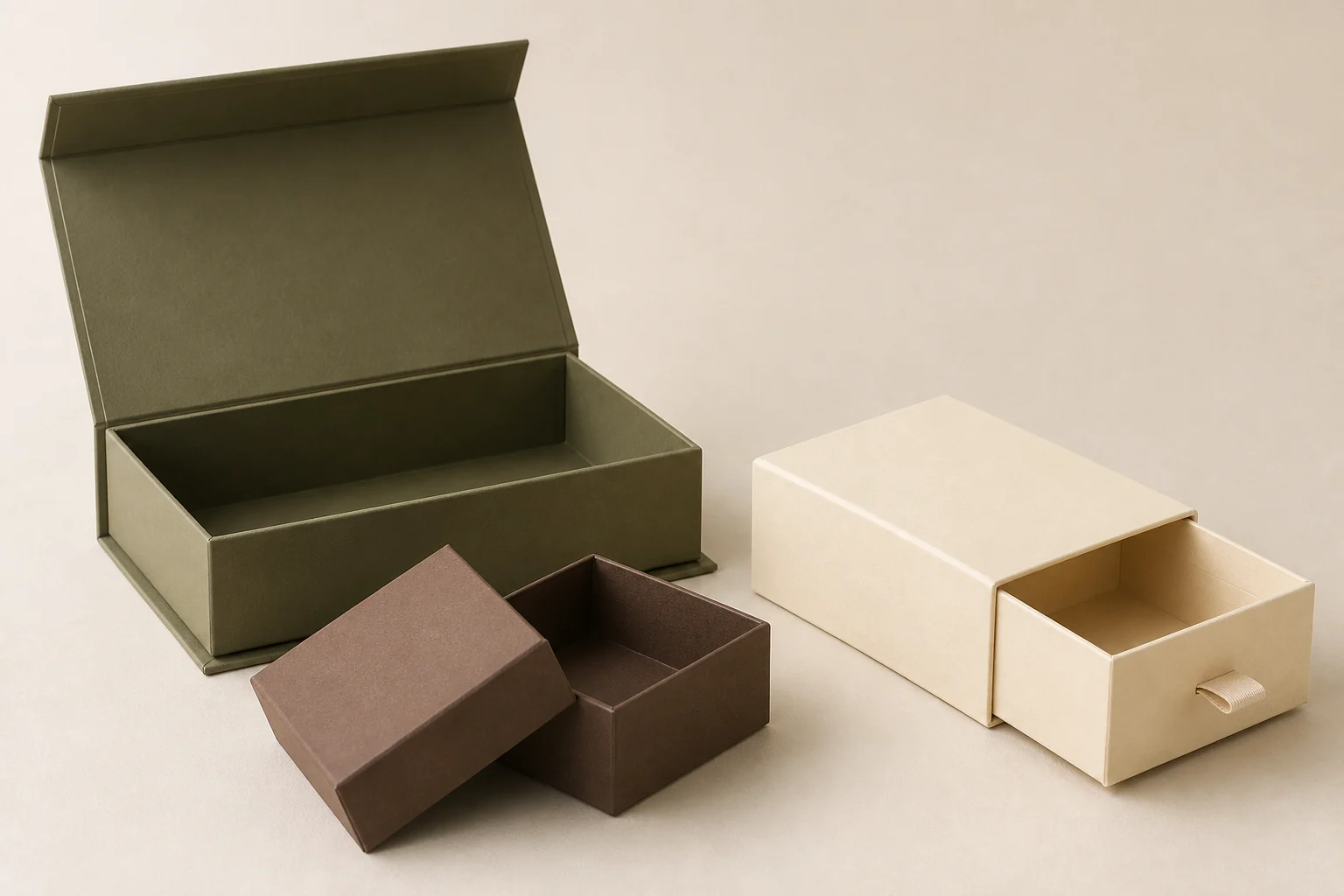 Olive magnetic box, cream drawer box and cocoa lid and base box arranged together