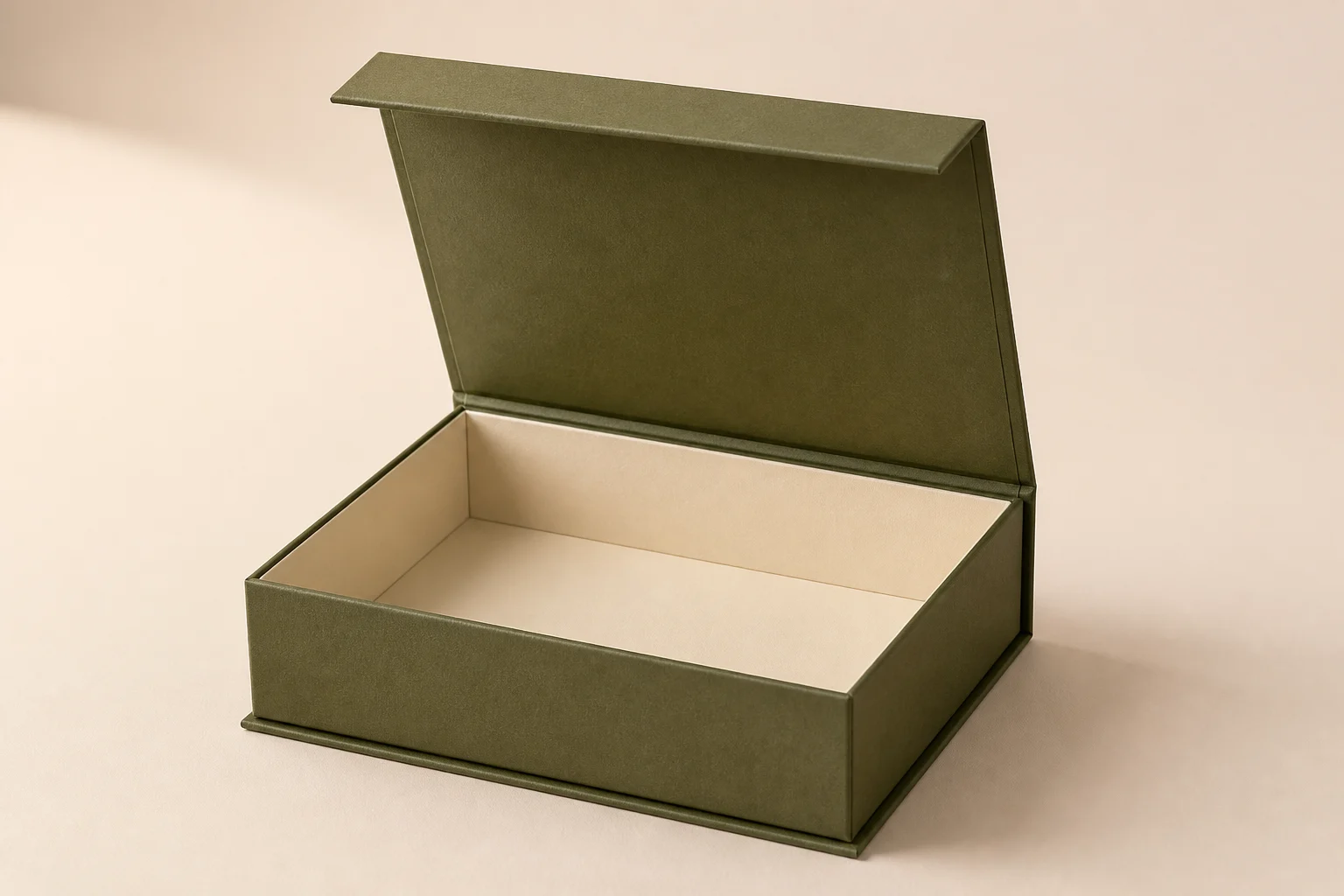 Open olive magnetic rigid box with an ivory interior