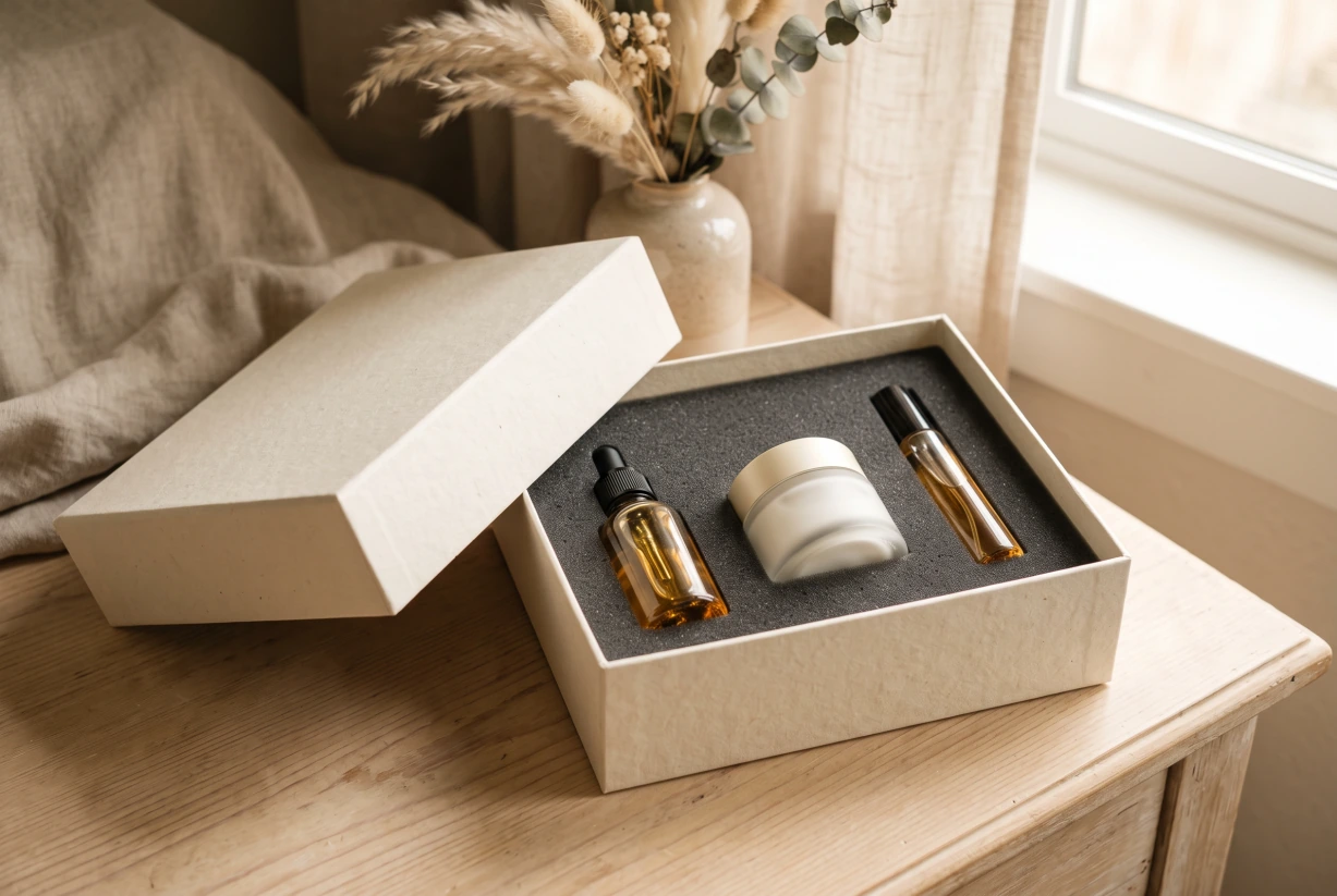 Open premium rigid box with fitted insert holding skincare products