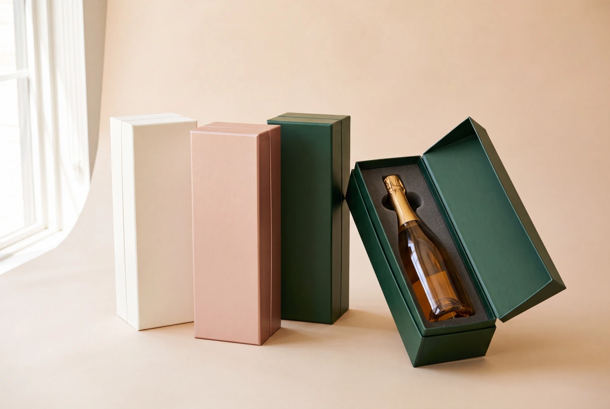 Collection of tall presentation boxes including an open green rigid box