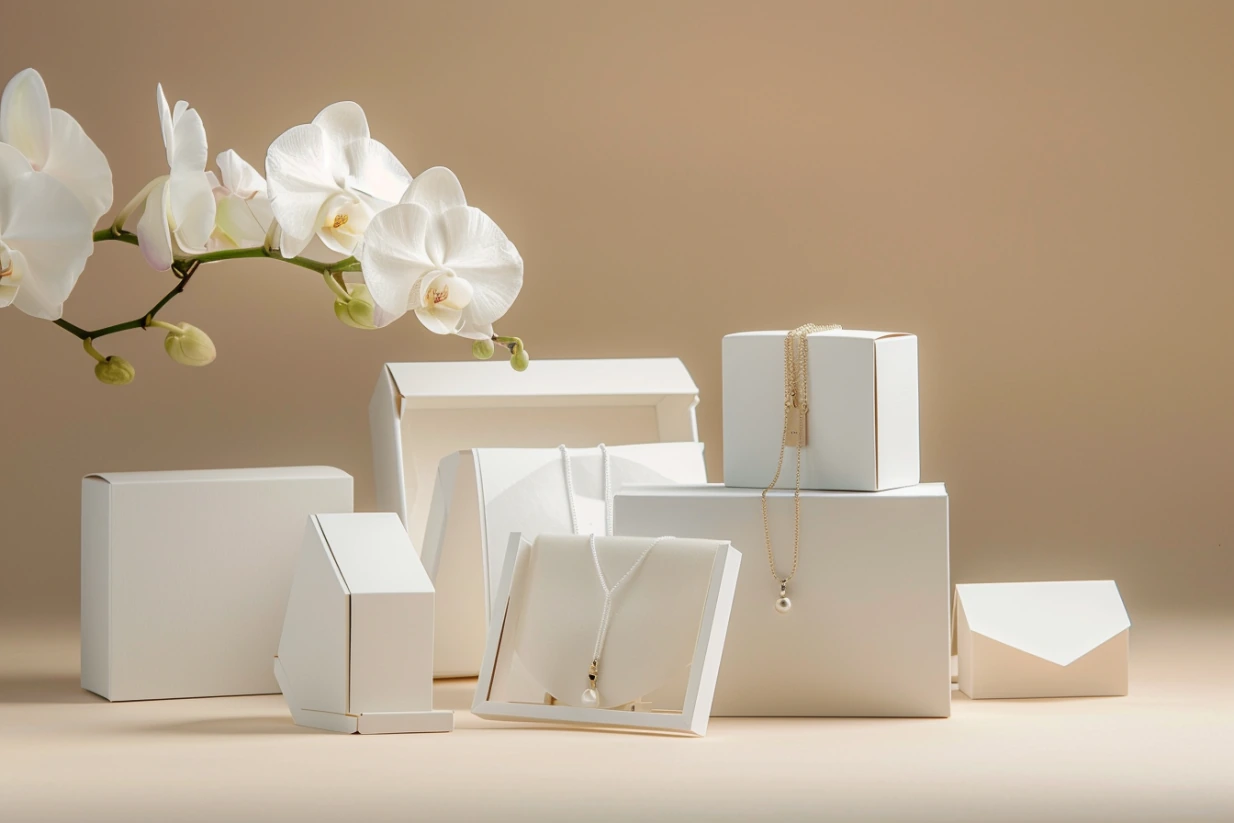 Minimal collection of white premium boxes for jewelry and gifts