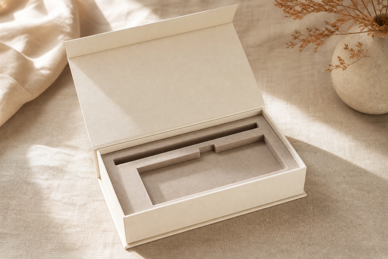 Open rigid box with a precisely fitted protective insert